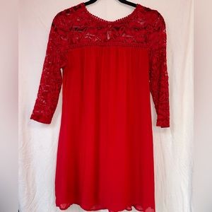 As You Wish Long Sleeve Red Dress Lace Accent Size S